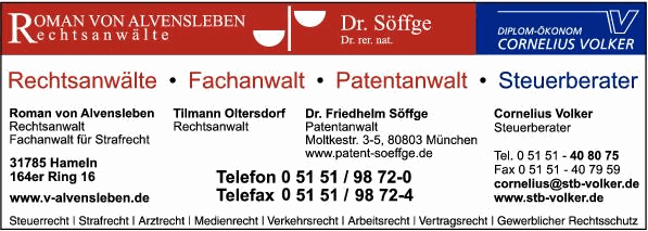 Alvensleben v. Roman Rechtsanwalt, Fachanwalt für Strafrecht u. Oltersdorf Tilmann Rechtsanwalt u. Söffge Friedhelm Dr. Patentanwalt
