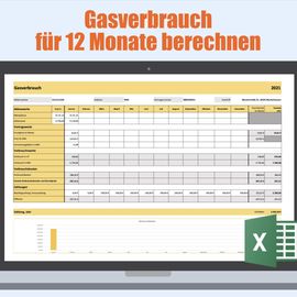 Excel-Tabelle zum Berechnen vom Gasverbrauch und der Kosten für 1 Jahr.