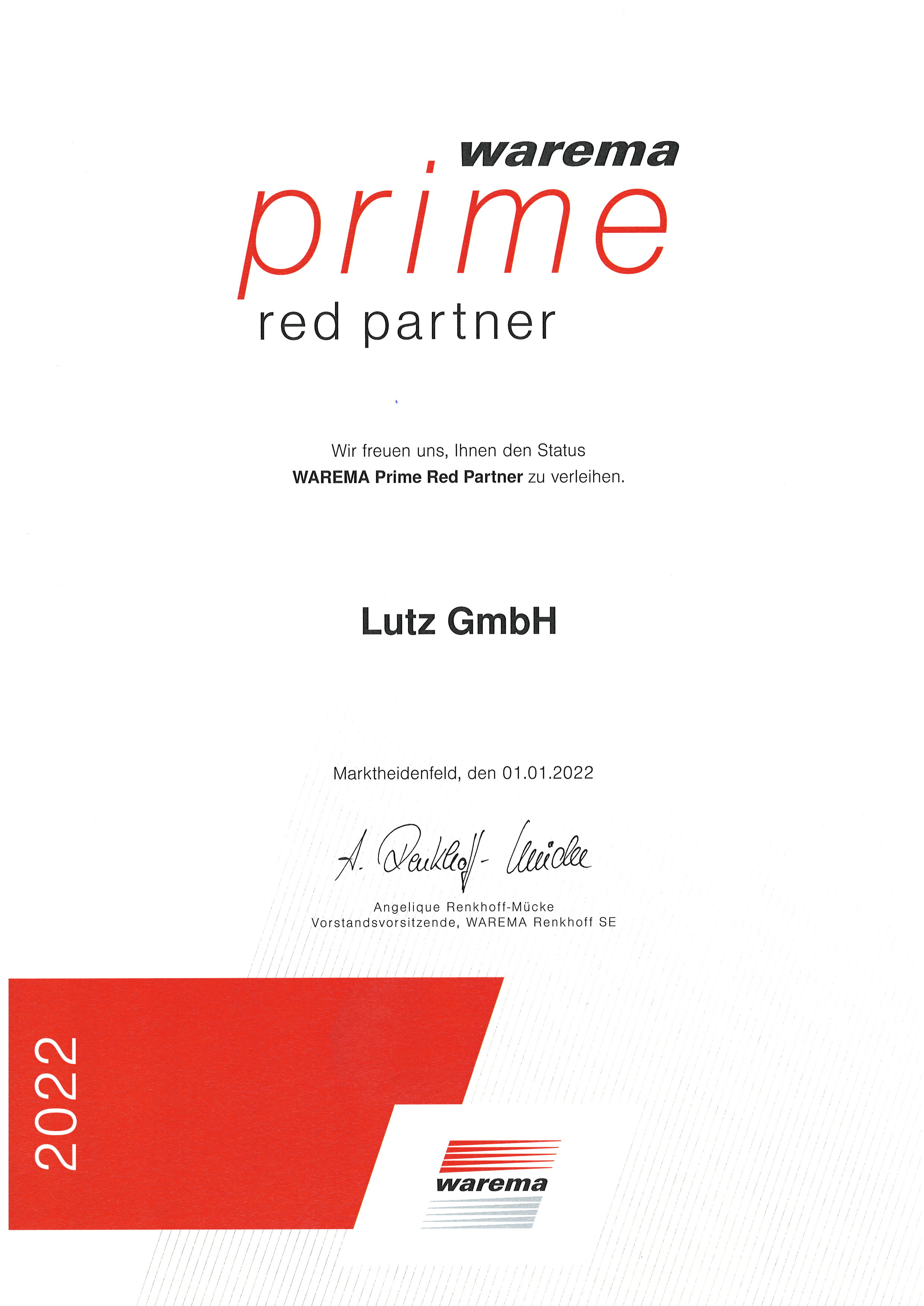 Für das Jahr 2022 haben wir erneut den WAREMA Prime Red Status verliehen bekommen. Wir freuen uns über die Auszeichnung!