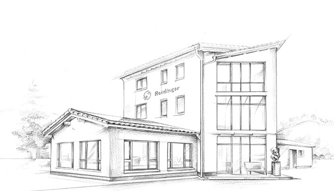 Bleistiftzeichnung des Firmengebäudes der Reidinger GmbH