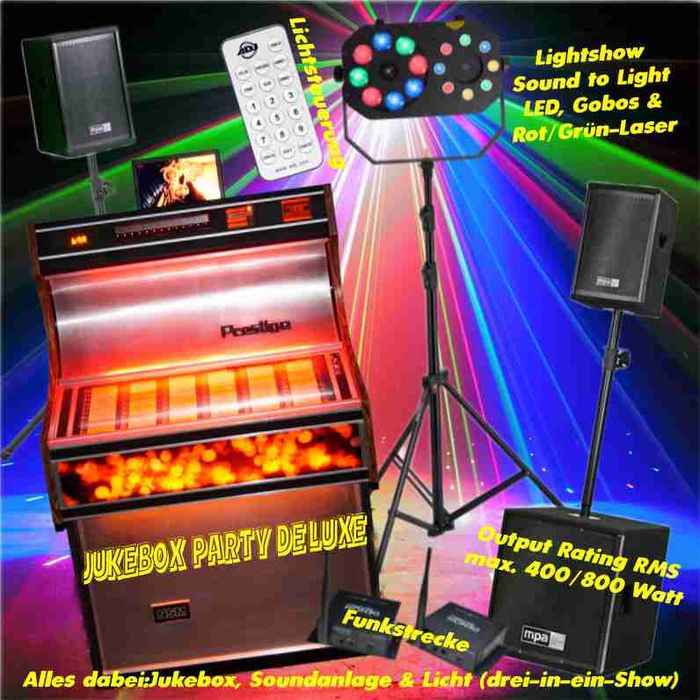 Original Jukebox-Party-DeLuxe, mit externer Soundanlage und Party-Lichteffekt.
