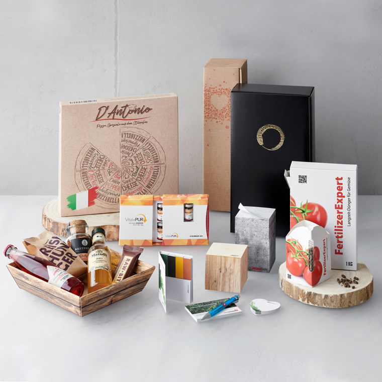 Auswahl der Produkte, die Karl Knauer produziert: Verpackungen, Werbemittel, Präsentverpackungen