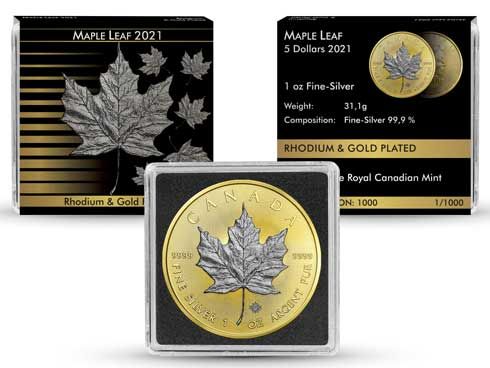 Silbermünze Kanada Maple Leaf mit Gold und Rhodium