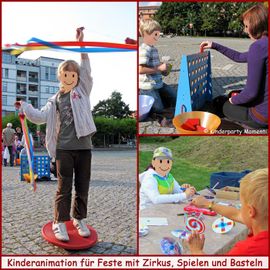 Kinderanimation für Feste mit Bastelaktionen sowie Zirkus- und Spielgeräte