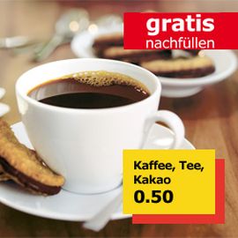 Kaffee/Tee/Kakao bis zum Abwinken für 50 Cent oder kostenlos als Family-Mitglied