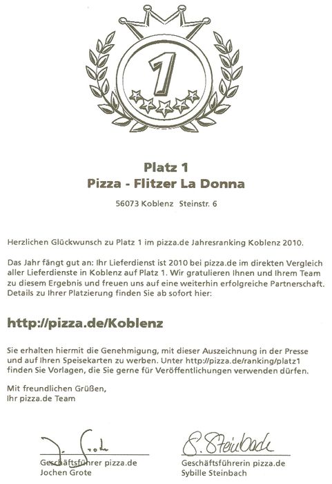 Urkunde Pizza.de Platz 1, La Donna 2010