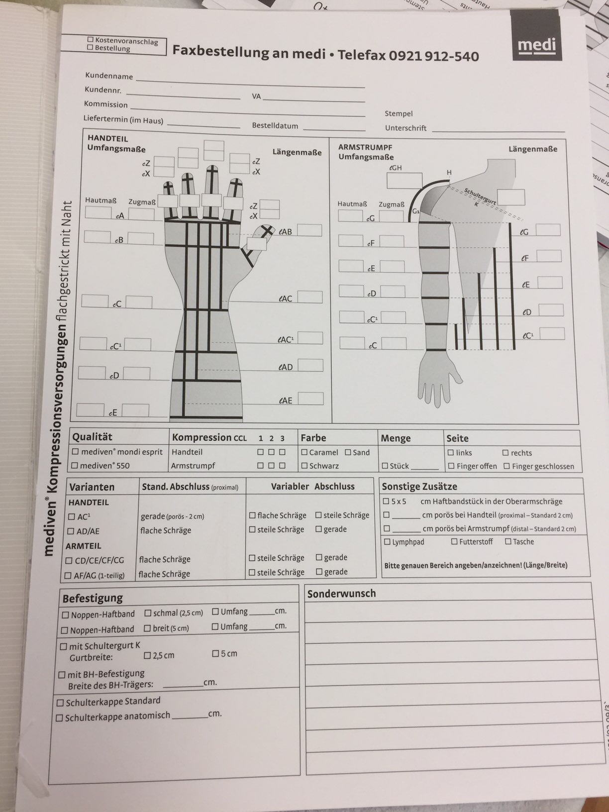 Messblatt für die Hände.