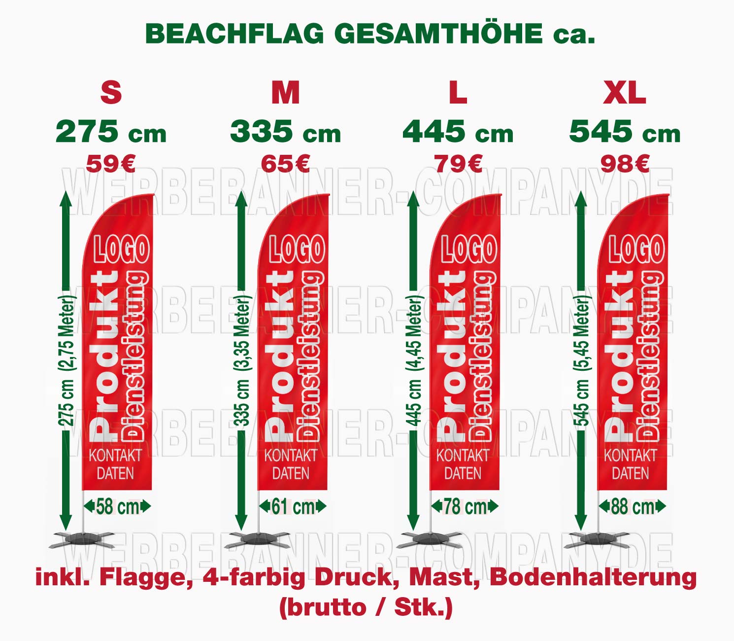 Beachflag / Snowflag, inkl. Flagge, 4-farbig Druck, Mast, Bodenhalterung, komplett nur 59€ (brutto/Stk.)