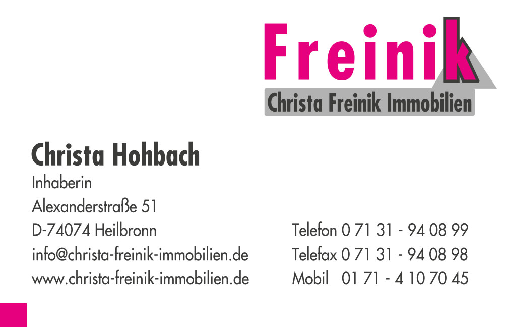 Visitenkarte Christa Freinik Immobilien / Christa Hohbach / Immobilienmakler Heilbronn