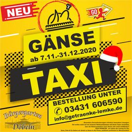 Gans, Ente &amp; Co für zu Hause oder in die Firma.
Unser Gänse Taxi bestellen unter: 03431 606590 oder online unter:
www.buergergarten-doebeln.de