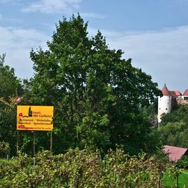 Hinweistafel in den Reben unterhalb der Spreebrücke