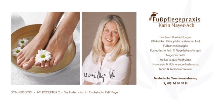 Fußpflege Praxis 
Karin Mayer-Ach
Am Rödertor 2
97499 Donnersdorf 