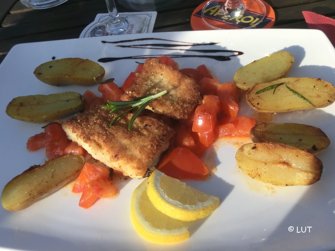 Medias del mar, mediterranes Restaurant Niendorf/Ostsee, Steinbeisser-Filet mit Tomaten und Rosmarinkartoffeln