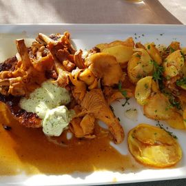 die Pfifferlingsaison ist eröffnet - hier mit saftigem Schweinesteak und Bratkartoffeln: köstlich! 