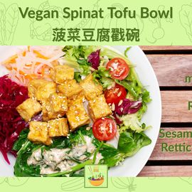 Vegan Spinat Tofu Bowl 
mit eingelegtem Rotkohl, Rettichsalat, Sesam Sauce

https://healthy-bowl.com/shop/vegan-spinat-tofu-bowl/

Nährwerte:
Kalorien: 878kcal | Kohlenhydrate: 137g | Protein: 31g | Fat: 24g | Gesättigte Fettsäuren: 3g | Mehrfach ungesättigtes Fett: 11g | Einfach ungesättigte Fettsäuren: 8g | Natrium: 139mg | Kalium: 1127mg | Faser: 8g | Sugar: 3g | Vitamin A: 12444IU | Vitamin C: 56mg | Kalzium: 375mg | Eisen: 8mg