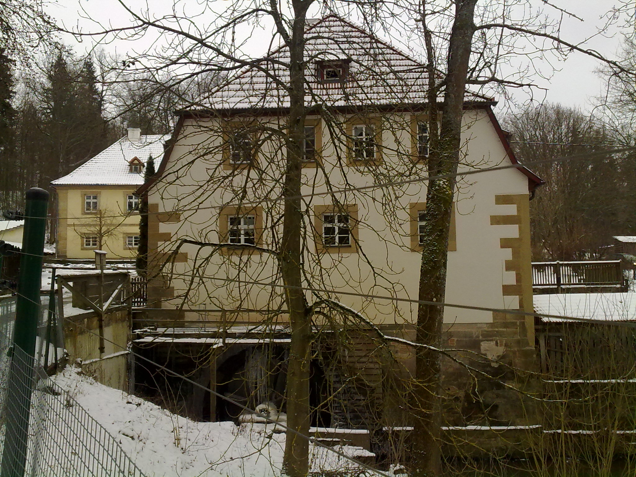 Mühle Tambach im Wildpark m Mühlrad in Aktion
