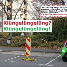 Klüngelei in Reinkultur. Der Verkehrsdienst Porz duldet das Parken im absoluten Halteverbot. Das Kölner Verkehrsmanagement stellt sie auf, das Ordnungsamt kontrolliert nicht und ahndet deshalb auch die Verstöße nicht. Man kennt sich eben.