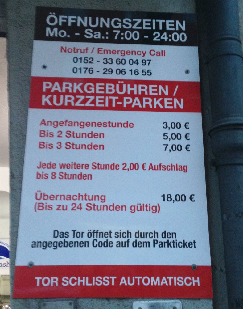 Preise und Öffnungszeiten der Parkgarage