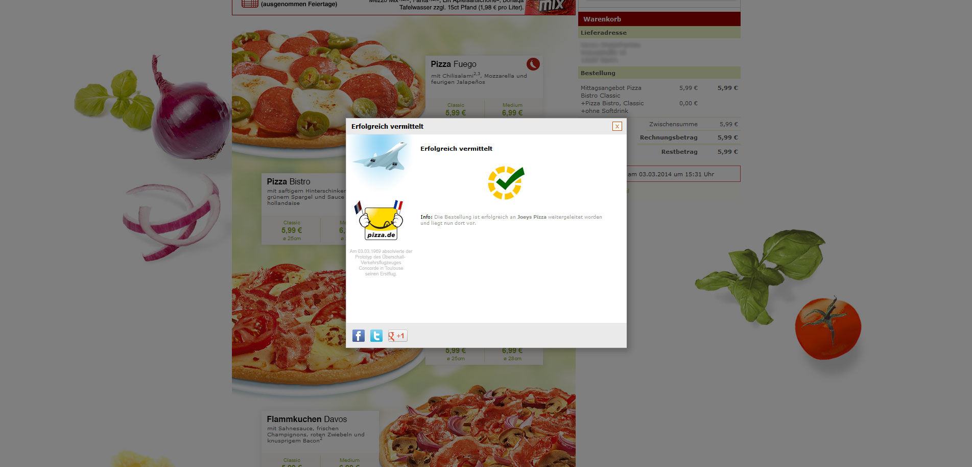 Bestätigung: Die Bestellung wurde erfolgreich übertragen. Screenshot von Pizza.de