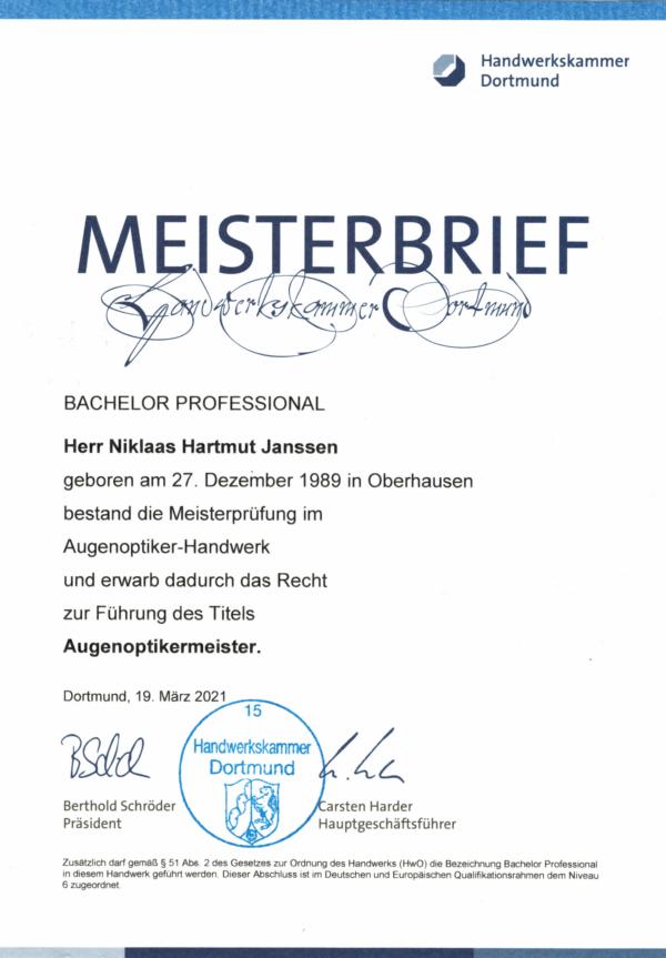 Meisterbrief Niklaas Janssen Optikhaus Scheiper