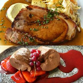Diese Woche u. a. auf dem Mittagsmenü: Krustenbraten vom Duroc-Schwein mit Spitzkohlsalat und Kürbiskernöl-Mayo / Mousse au Chocolat