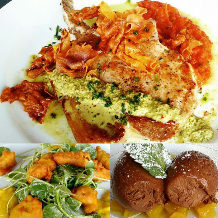 Kräuterseitling-Pakoras mit Portulak und Mango-Curry-Dip / Kotelett vom Duroc-Schwein mit Mojo verde, Paprikapuree und Süßkartoffel / Schokomousse mit Ananas