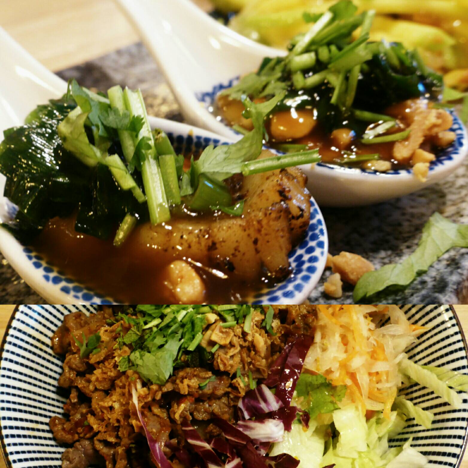 Sò  ip (drei gegrillte Jakobsmuscheln in Wasabi-Teriyaki-Sauce) und Bún bò trn (Reisnudeln mit gebratenem Zitronengras-Rindfleisch).