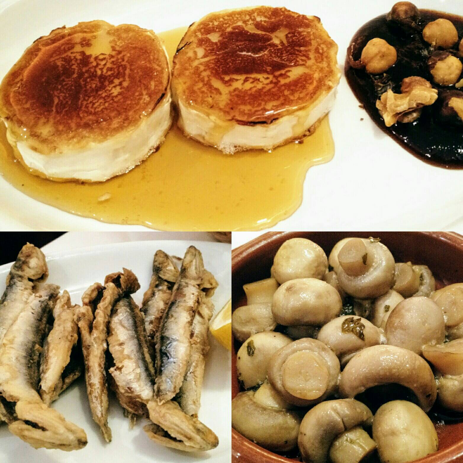 Mittäglicher Tapas-Mix: Frittierte Sardellen, Champignons in Knoblauch-Weißwein-Sauce, Ziegenkäse vom Grill mit Honig und Nüssen