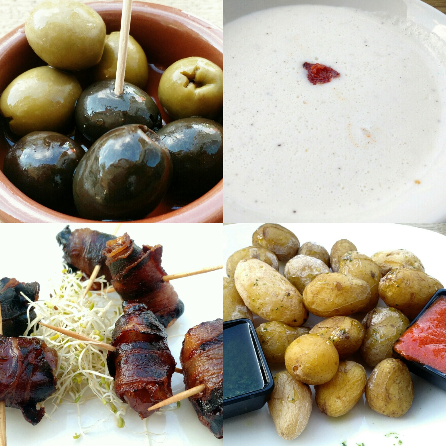 Oliven / Ziegenkäsecremesuppe mit Chorizo / Datteln im Speckmantel / Papas arrugadas mit Mojo-Saucen