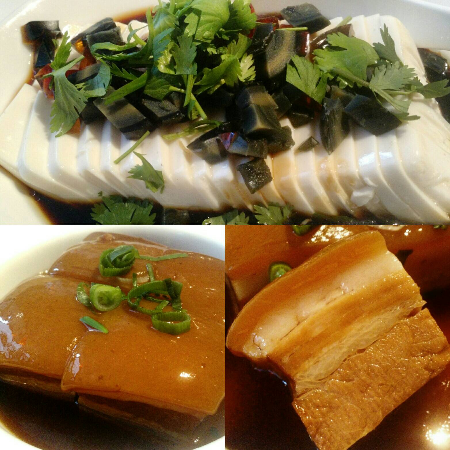 Dong Po Rou (Schweinebauch)  Braised pork belly with brown sauce - Tofu mit schwarzen (tausendj&auml;hrigen) Eiern  Tofu with preserved eggs (century eggPidan)