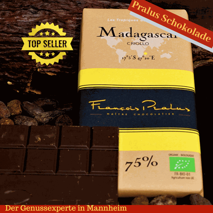 Beste Zartbitterschokolade aus Edel Criollo Kakao aus Madagaskar von Francois Pralus. 75% Kakao, BIO, vegan