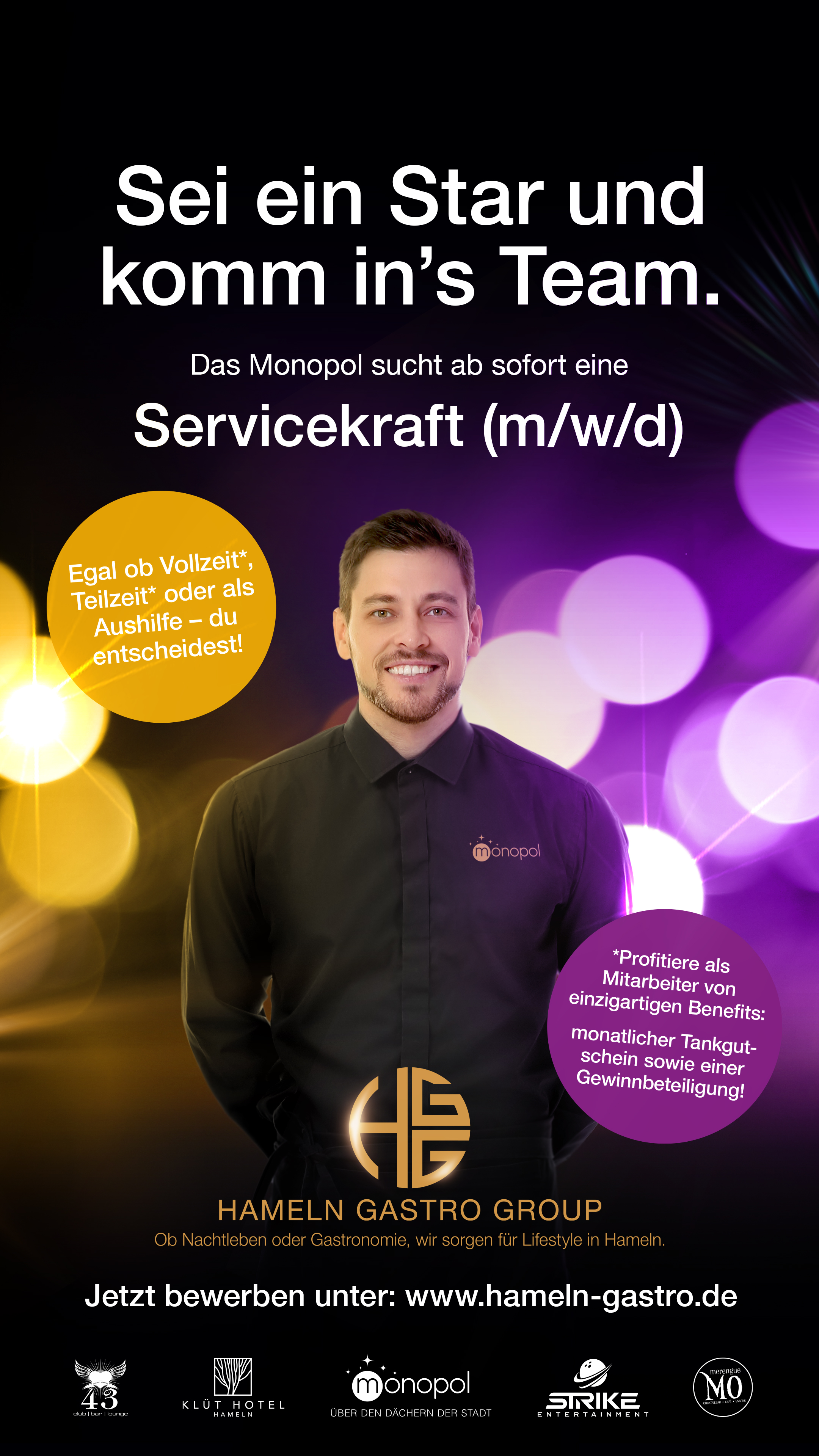 Servicekräfte gesucht! Bewerbung unter www.hameln-gastro.de