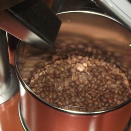 Der geröstete Kaffee vom Demo Röster von Neuhaus-Neotec aus Ganderkesee auf dem Kühlsieb
