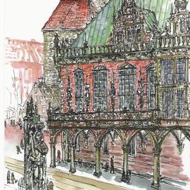 Rathaus und Roland von Bremen - handgezeichnet von Isa Fischer