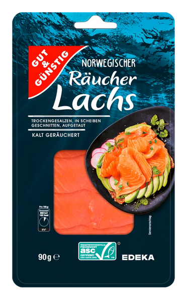 90 g Lachs - Weniger Inhalt aber mehr Plastikmüll, Preisvergleich kompliziert zu 50g, 100g oder 200g.