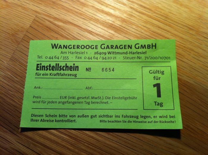 Wangerooge Garagen GmbH - Parkschein