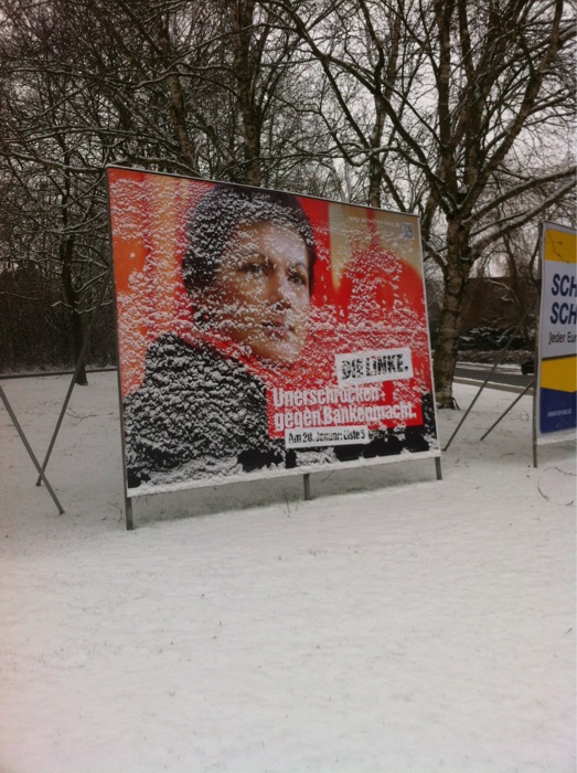 Noch 5 Tage Wahlkampf, eingeschneitet Plakat, 1 Schlag dagegen und Sahra Wagenknecht wurde deutlicher.