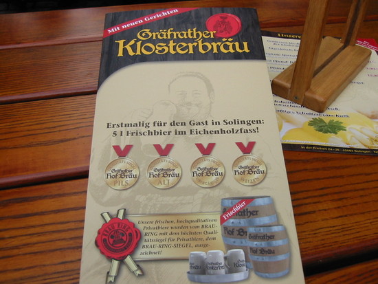 Speisekarte vom Klosterbräu in der Gräfrather Altstadt