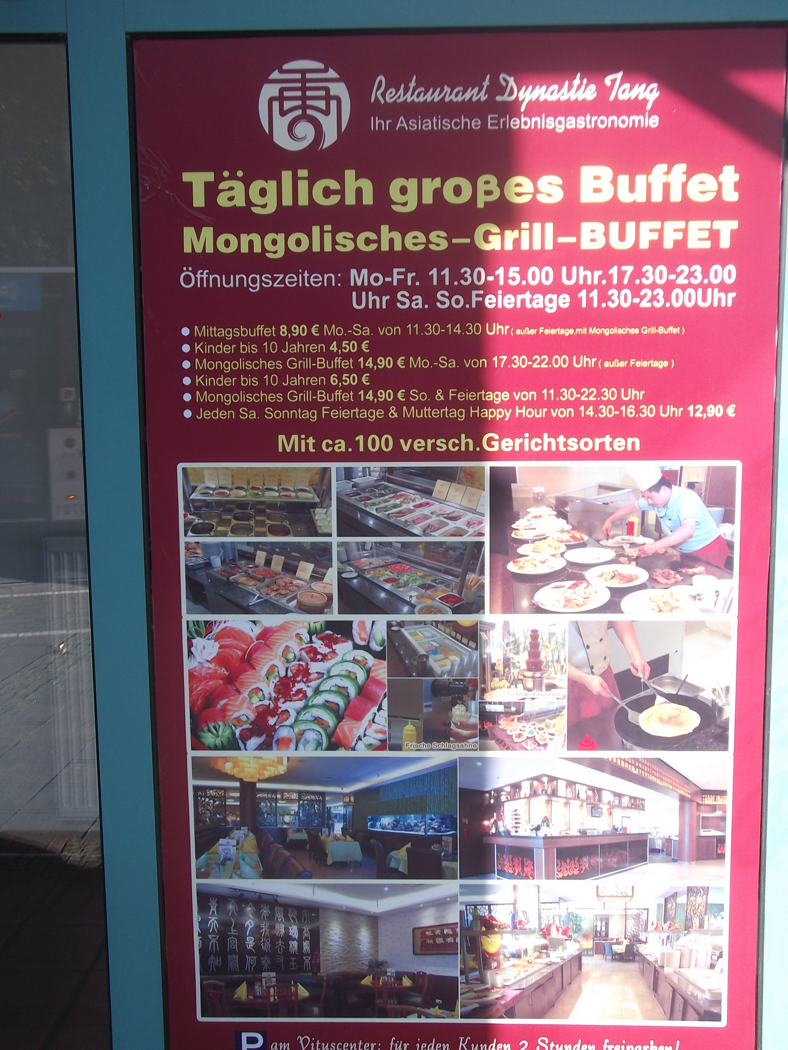 Plakat mit Hinweisen auf das Restaurant