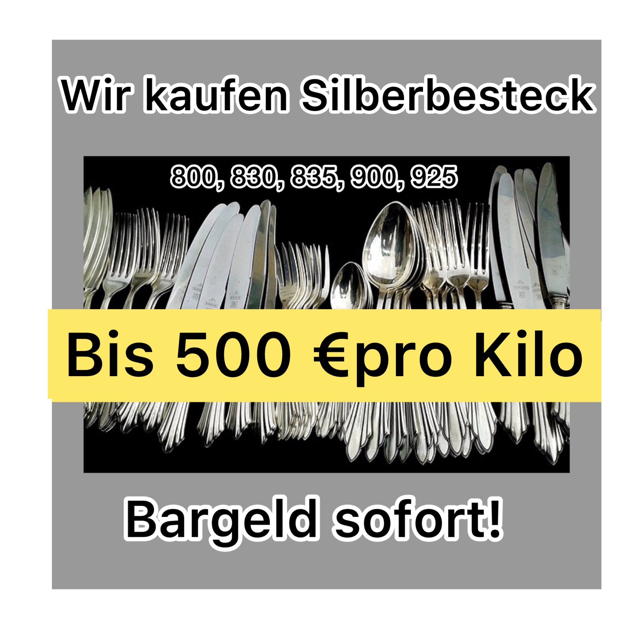 Silberbesteck verkaufen bis 500 Euro das Kilogramm.
Wir kaufen jedes Silberbesteck zum Beispiel 60er 90er 100er 800er 835er und viele mehr.