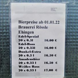 Preise für Flaschenbiere der Brauerei Rössle in der (M)Unteren Stadt in Ehingen (Donau)