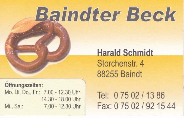 Visitenkarte der Bäckerei Schmidt - Baindter Beck