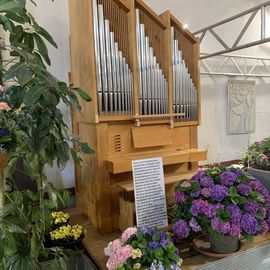 Blumen in der Kirche neben einer Orgel