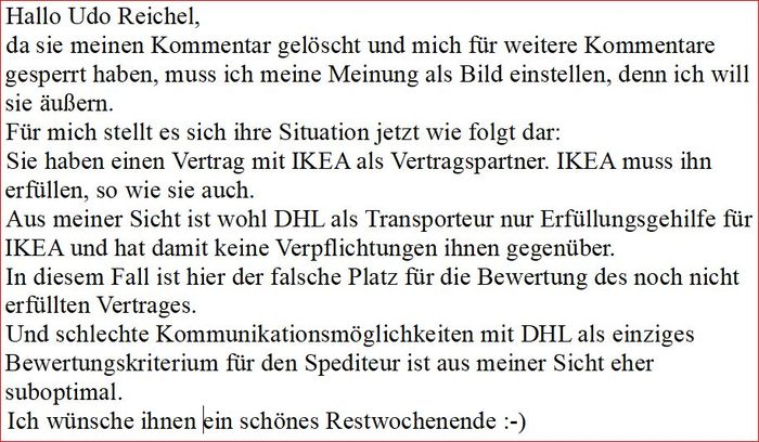 von dem angesprochenen Udo R. gelöschter Kommentar zu seiner Bewertung