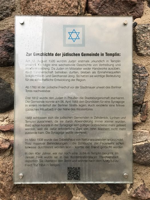 Denkmal für die ehemalige jüdische Synagoge Templin