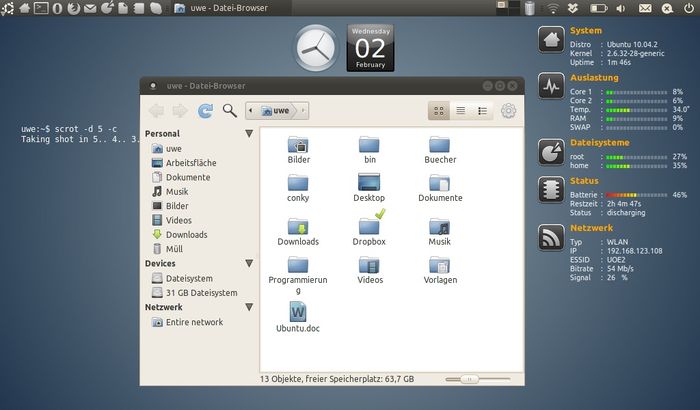 Ein Screenshot meines Netbooks: Ubuntu 10.04 mit dem Desktop Gnome, dem Dateimanager Nautilus und dem Systemmonitor Conky und viel Feintuning ;)