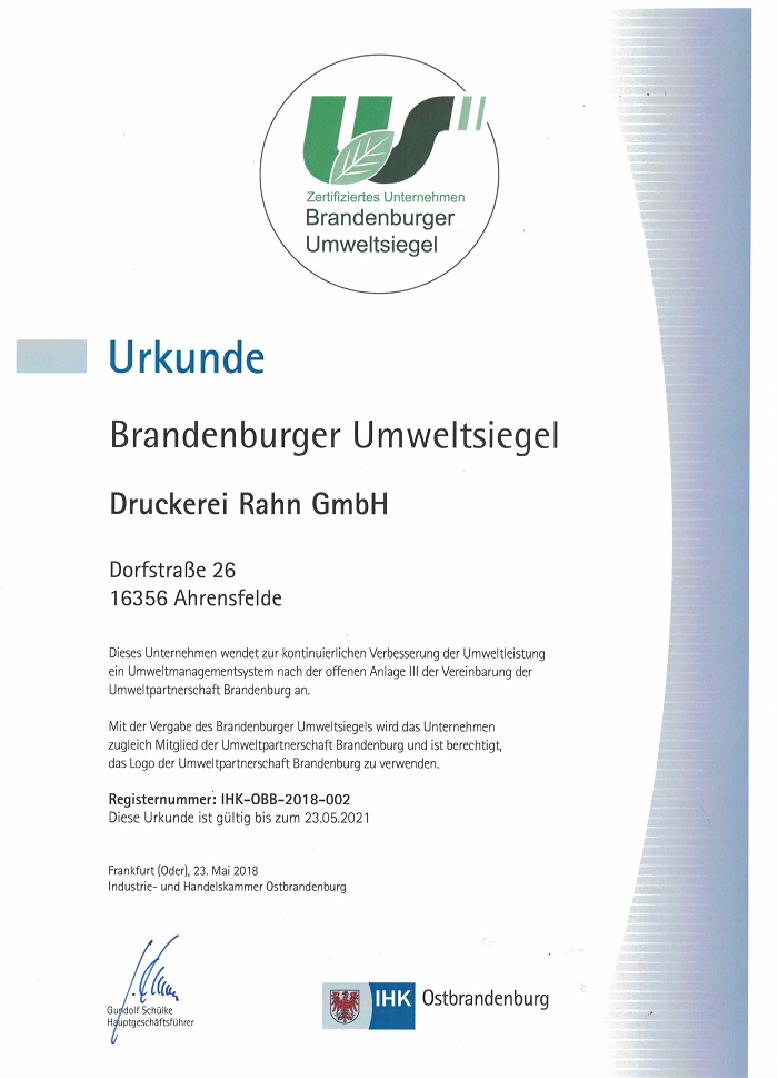 Zertifizierung mit dem Brandenburger Umweltsiegel