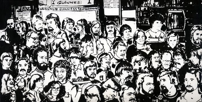 Der Julio in Düsseldorf in den 70er Jahren. Eine Zeichnung von Roland Ludigkeit, Düsseldorf. Rechts unten in der Ecke: Peter Tuxhorn, hinter der Theke seine Frau Angie. Und viele, viele Stammgäste aus den 70ern.