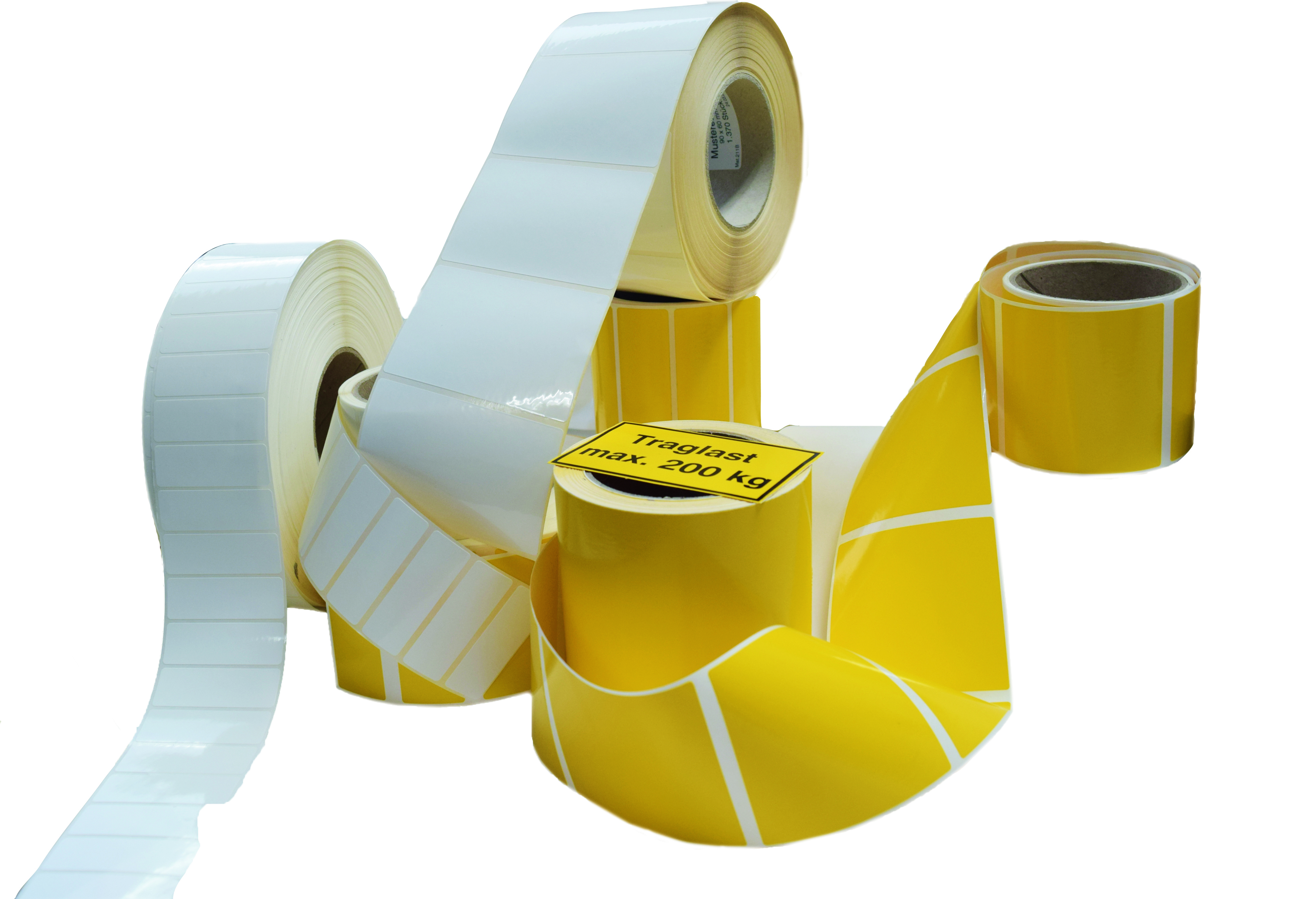 Folienetiketten in weiß und gelb. Rollenetiketten von Marschall produziert.