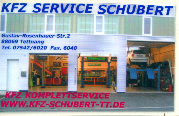Visitenkarte von Schubert Bosch Car Service mit Frontansicht der Werkstatt